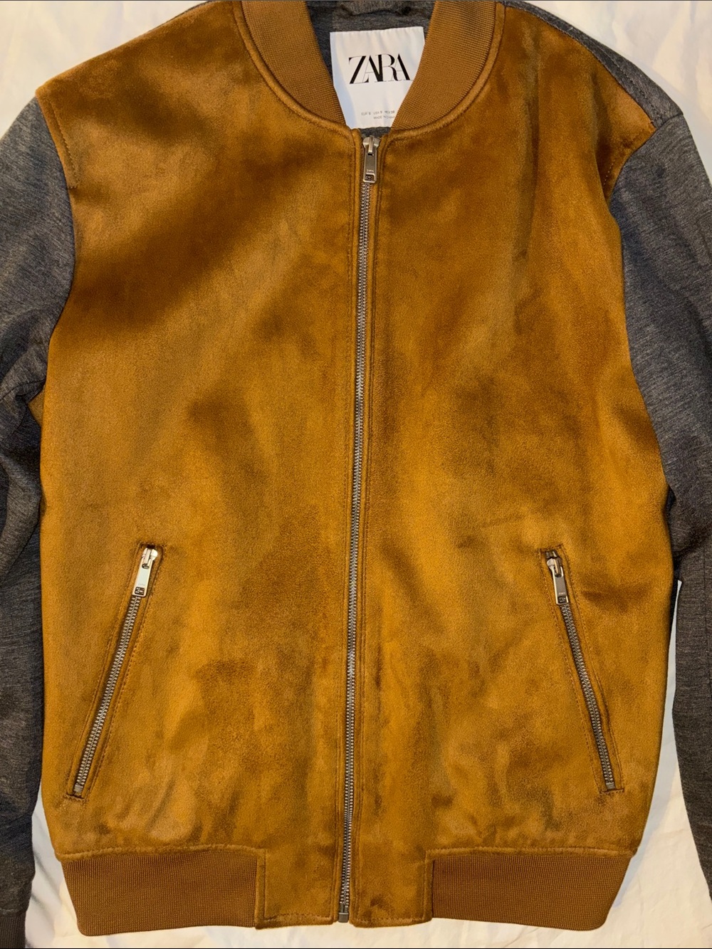 Zara Man Faux Suede Combined Bomber Jacket Camel Gray - Small